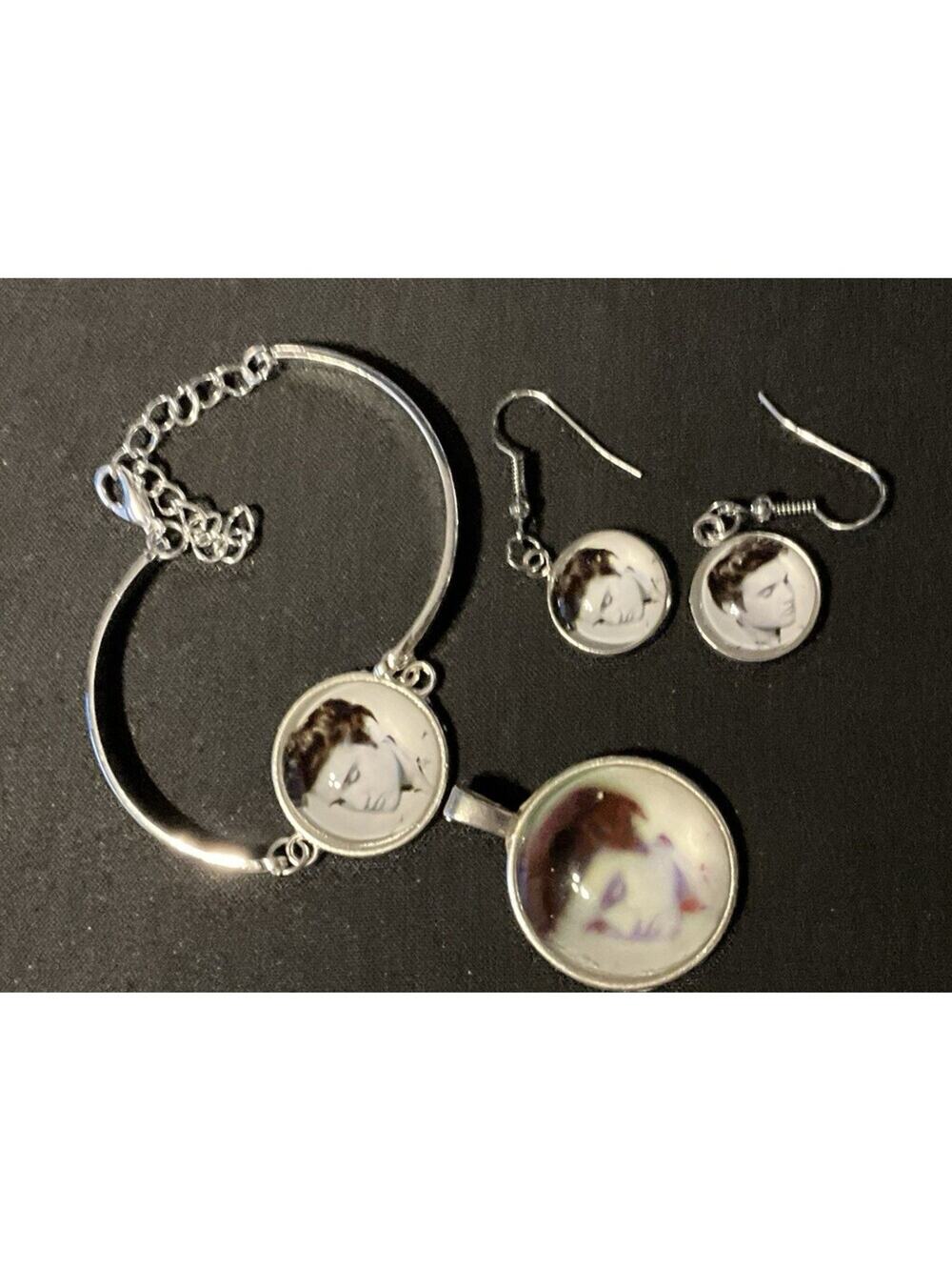 Elvis Presley Costume Jewlery Set, Earrings, Pendant Bracelet Silver Tone